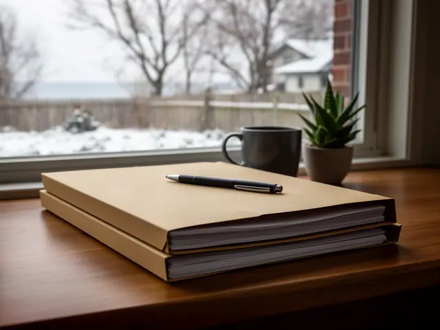 A neat stack of closed manila folders and a pen on a desk by a window.