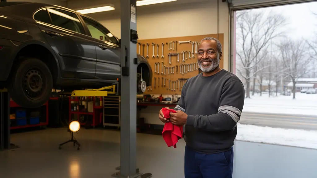 A smiling auto-repair shop owner wiping his hands beside a car raised on a lift, light snow outside the bay door.