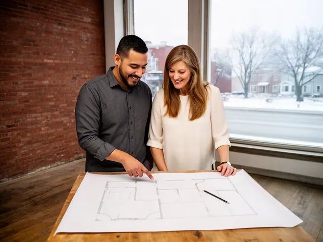 Two business partners looking over a pencil floor sketch in an empty storefront.