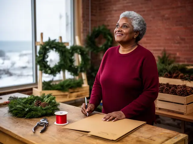 A wreath maker at her worktable with an evergreen wreath, red ribbon and a closed folder.